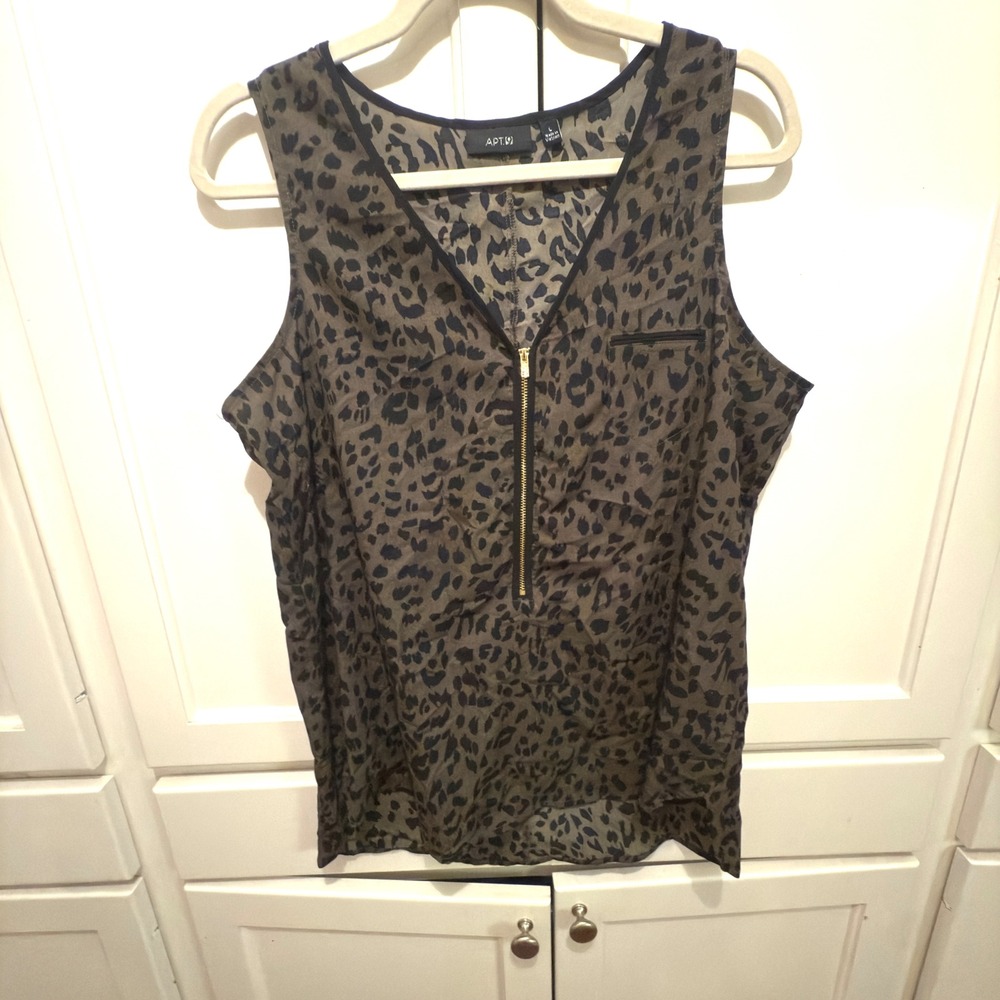 APT 9 Leopard Print Sleeveless V Neck Zipper Top Women's Size L